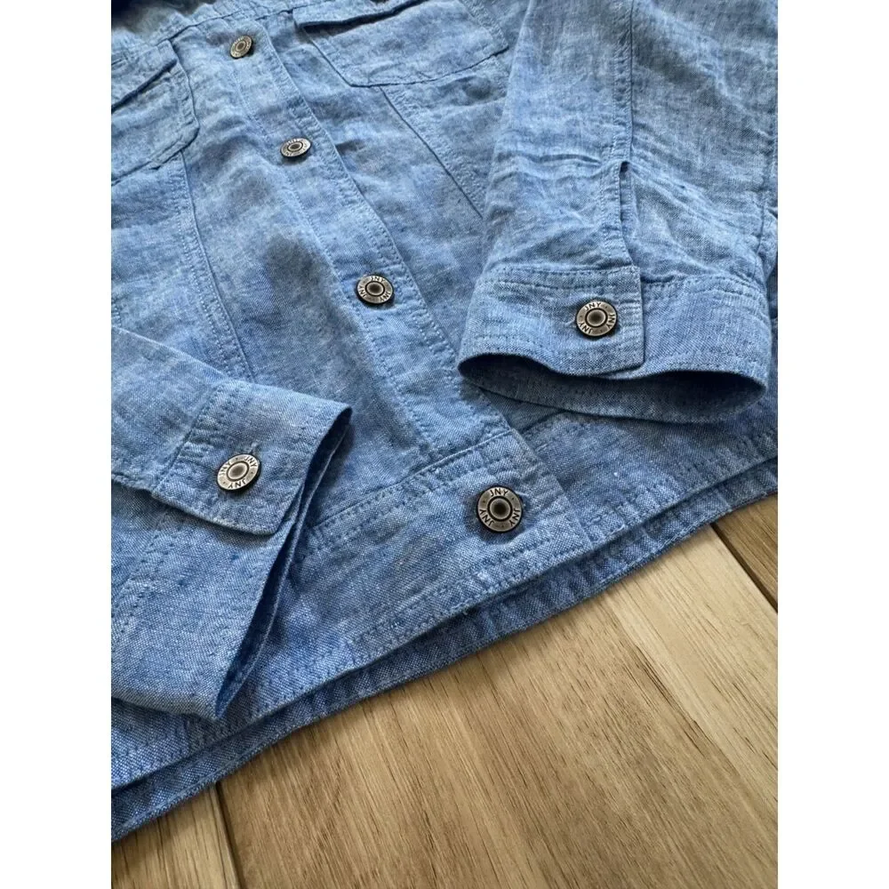 Jones New York Linen Jacket L Blue Jean Style Button Front Coastal Resort - Picture 7 of 15
